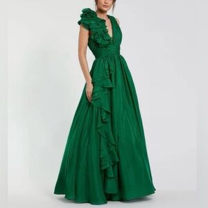 Mac Duggal Emerald Ruffle Shoulder Plunge VNeck Chiffon Ruched Empire Waist Gown